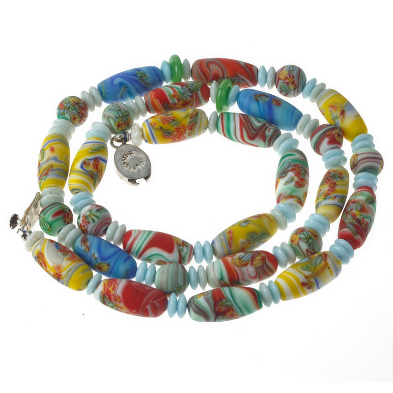 Millefiori oval matte glass bead necklace, Japan. 23 inches. nlbg2188