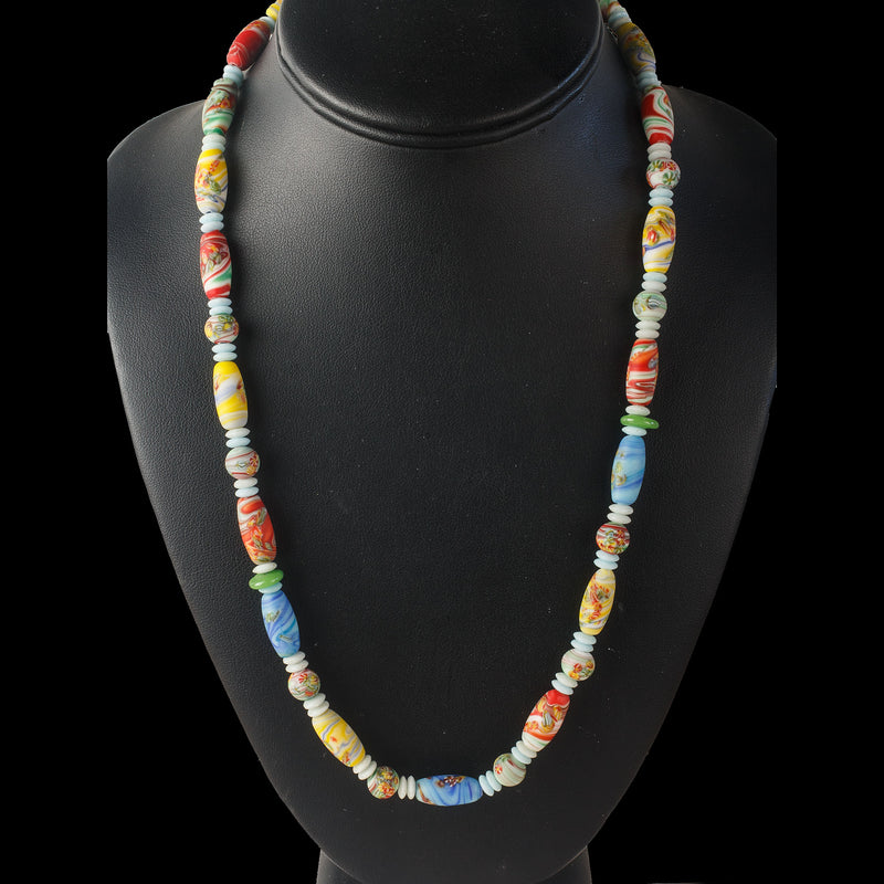 Millefiori oval matte glass bead necklace, Japan. 23 inches. nlbg2188
