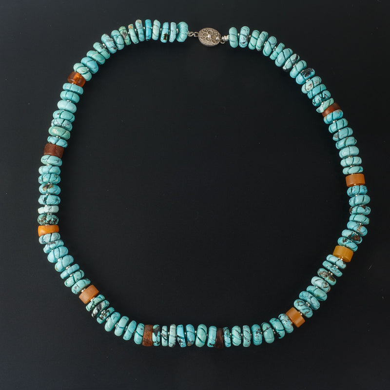 Spiral Carved Turquoise heishi necklace with amber and sterling silver. j-nlbd1289