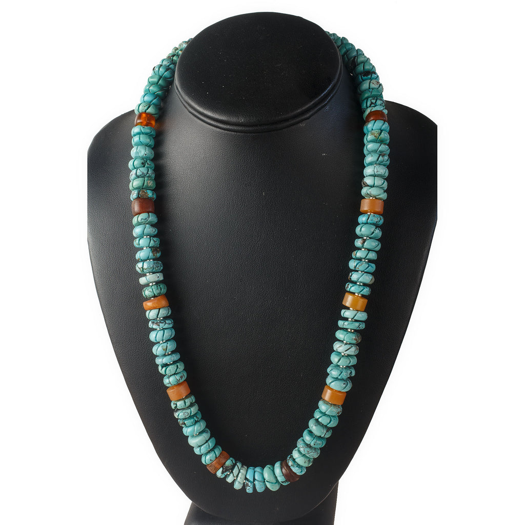 Carved Turquoise Heishi necklace, amber, sterling silver. j