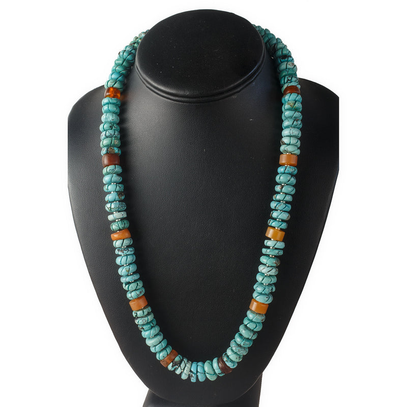 Spiral Carved Turquoise heishi necklace with amber and sterling silver. j-nlbd1289