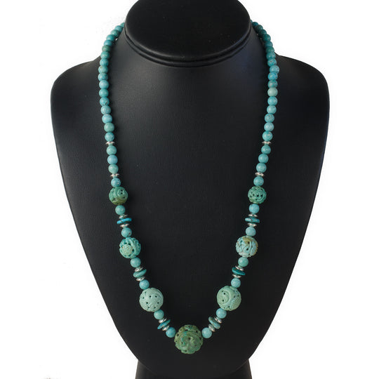 Carved Longevity Bead Hubei Turquoise Necklace, 22" in. j-nlbd2190