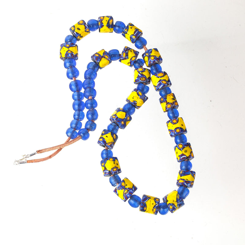 Trade Bead Millefiori blue & yellow glass bead necklace. 22 inches. nlbd2194