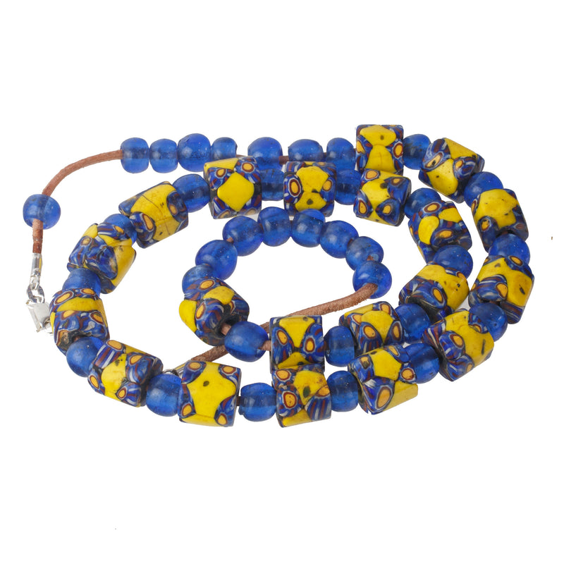 Trade Bead Millefiori blue & yellow glass bead necklace. 22 inches. nlbd2194