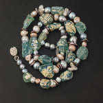 Ancient Roman era iridescent Bactrian glass and pearl necklace. nlbd2201