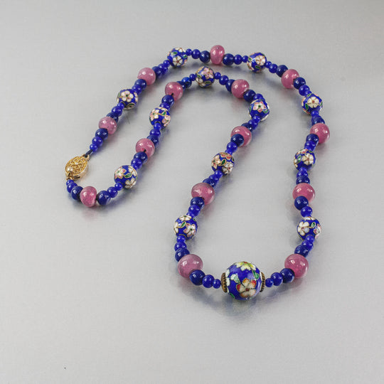 Vintage cloisonne and antique Chinese wound glass beads necklace.  24 inches.  nlbd2249