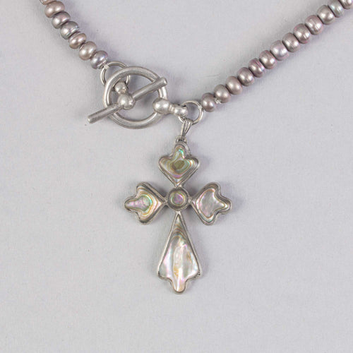 Vintage Taxco,Mexico sterling silver abalone cross and pearl necklace.  nlbd2250