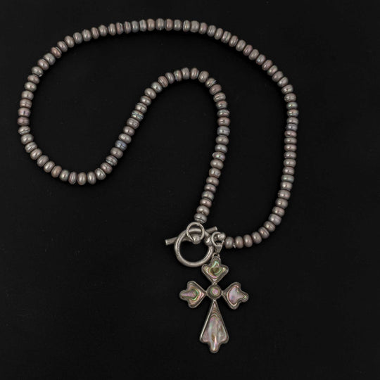 Vintage Taxco,Mexico sterling silver abalone cross and pearl necklace.  nlbd2250