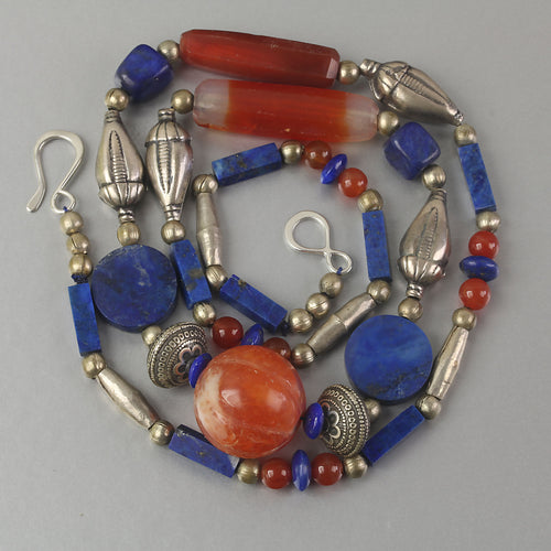 Vintage Carnelian, Lapis Lazuli and silver bead necklace. 26".  1980s.  NLBD2253