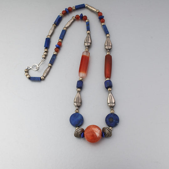 Vintage Carnelian, Lapis Lazuli and silver bead necklace. 26".  1980s.  NLBD2253
