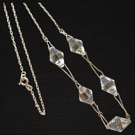 Art Deco 1920s cut crystal bead and sterling silver chain necklace. 20.5 inches. j-nlbd2255