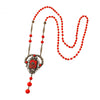 Vintage Art Deco red glass and silver metal flapper length lavaliere necklace. nlbg2109