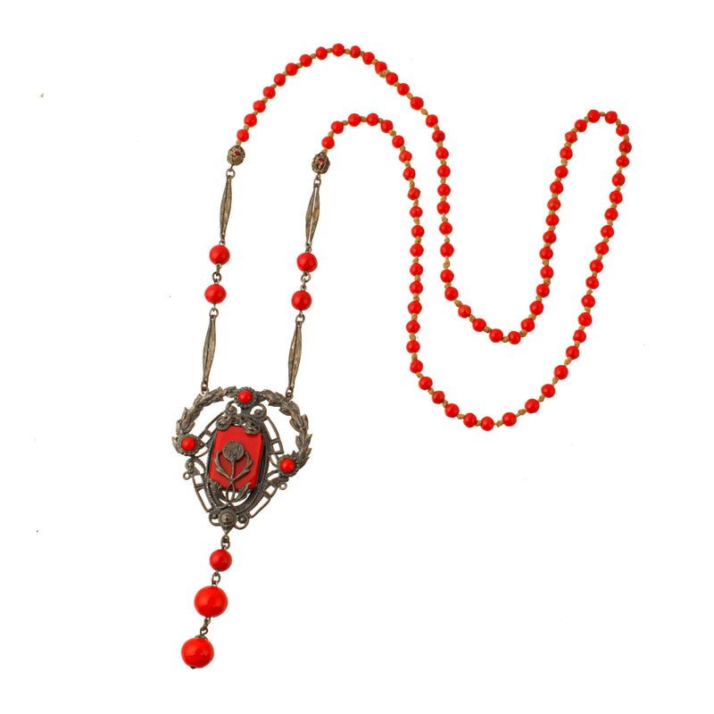 Vintage Art Deco red glass and silver metal flapper length lavaliere necklace. nlbg2109