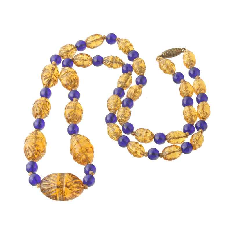 Sapphire blue & Honey Yellow Necklace, molded glass,1920s, Gablonz. j-nlbg2204