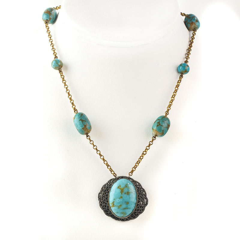 Czech Art Deco Hubbel style glass and brass filigree necklace