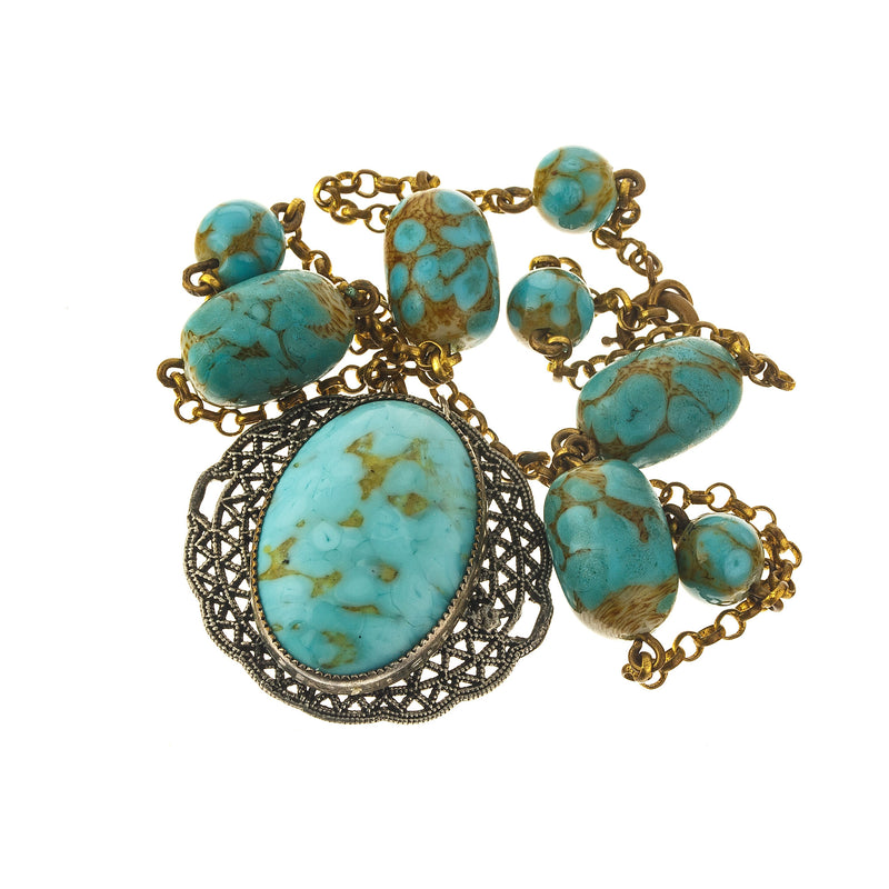 Czech Art Deco Hubbel style glass and brass filigree necklace
