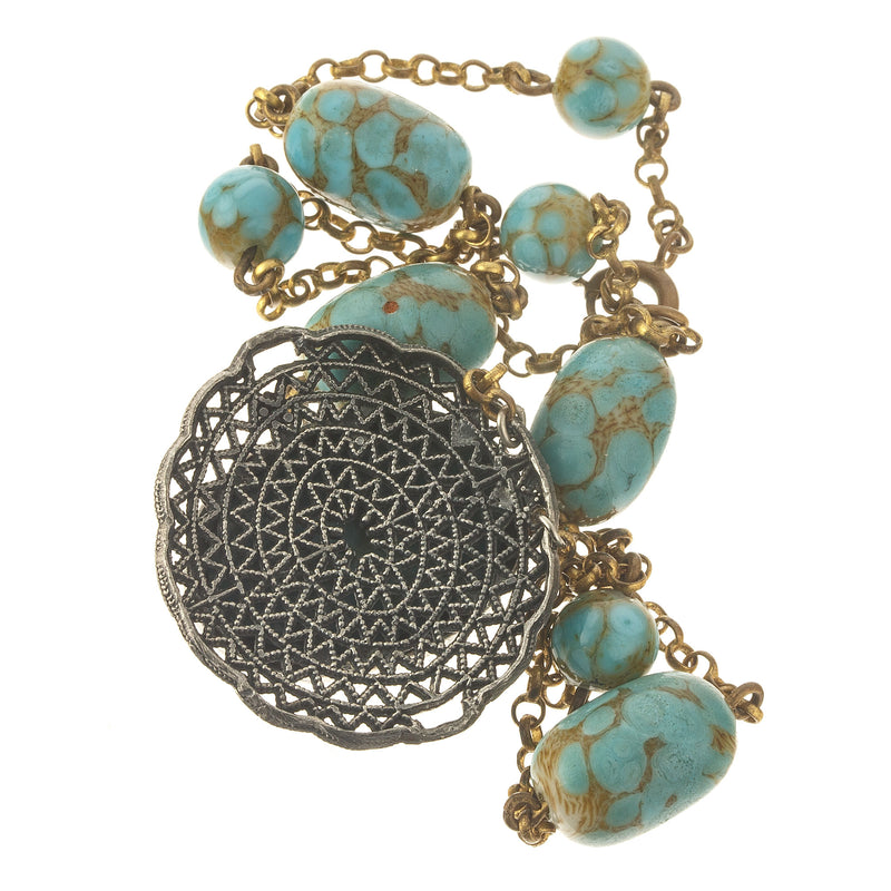 Czech Art Deco Hubbel style glass and brass filigree necklace