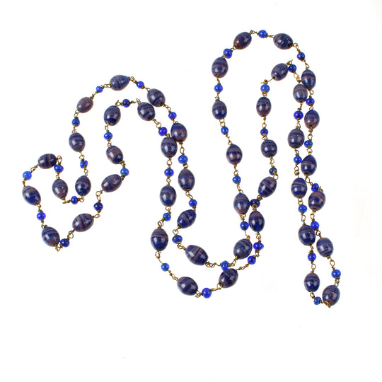 Necklace of wired handmade beads in bicolor swirls. Czechoslovakia 1930s. 42" j-nlbg2213