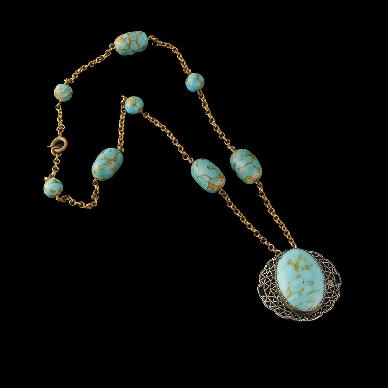 Art Deco Hubbel style glass and brass filigree necklace. Czechoslovakia. nlbg2208