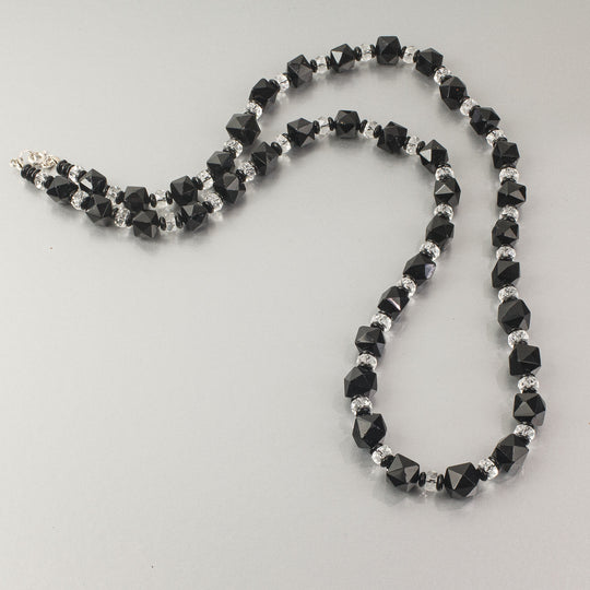 Vintage Czech glass necklace, faceted jet and clear glass beads, 26 inches.  1930s.  nlbg2215