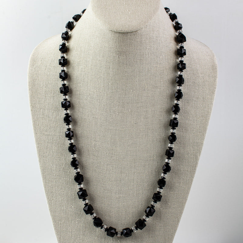 Vintage Czech glass necklace, faceted jet and clear glass beads, 26 inches.  1930s.  nlbg2215