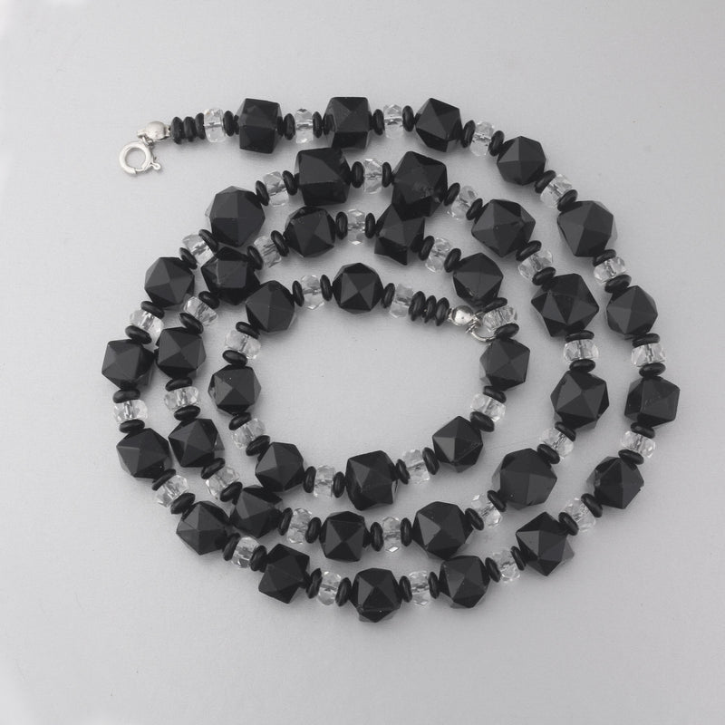 Vintage Czech glass necklace, faceted jet and clear glass beads, 26 inches.  1930s.  nlbg2215