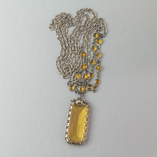 Lavalier necklace of vintage yellow glass pendant and station beads.  29" long.  j-nlbg2216