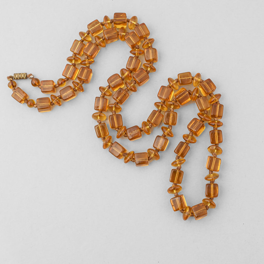 Art Deco amber glass cube bead necklace. 28