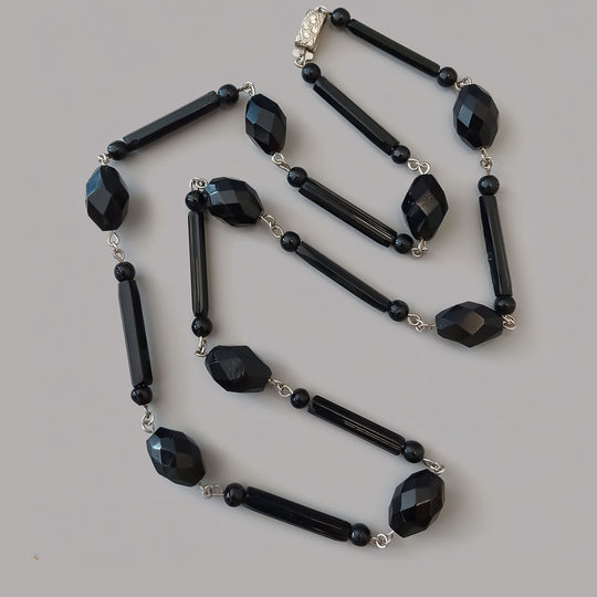 Vintage Czech glass necklace, faceted jet  glass beads, 25.75 inches.  1930s.  nlbg2220