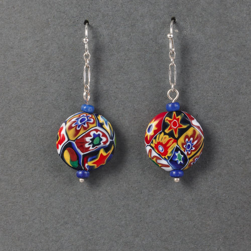 Vintage Murano millefiori disk bead and sterling silver earrings. 1920s-1950s.  erbg909