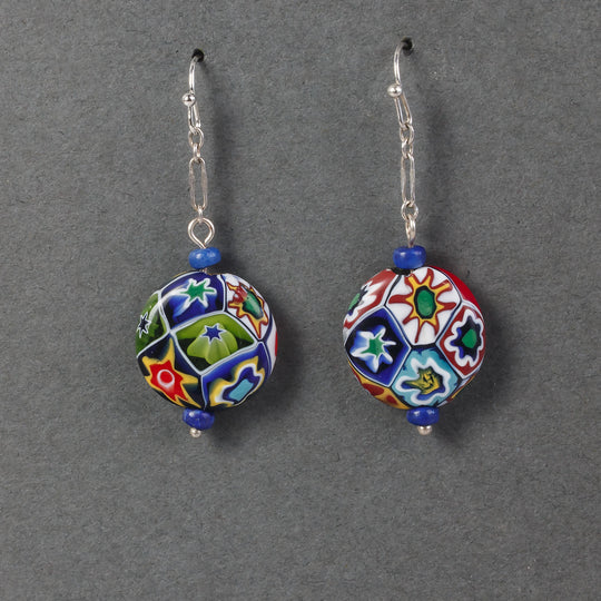 Vintage Murano millefiori disk bead and sterling silver earrings. 1920s-1950s.  erbg909
