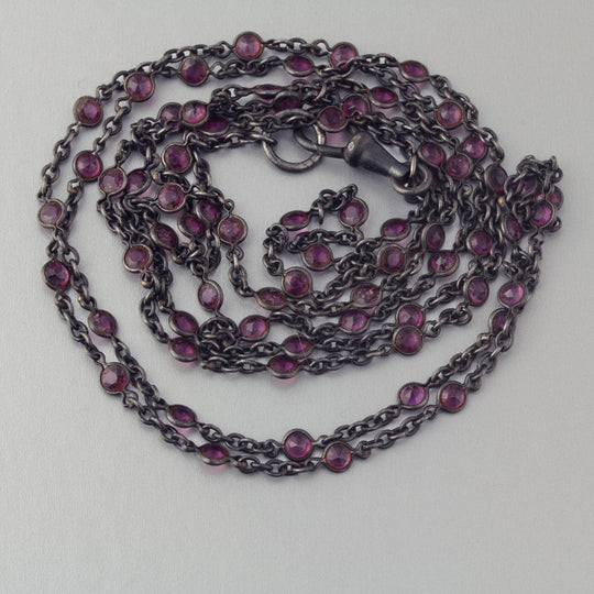 Antique Victorian gunmetal steel watch or muff chain with faceted paste stations. 58 inches. nlch186
