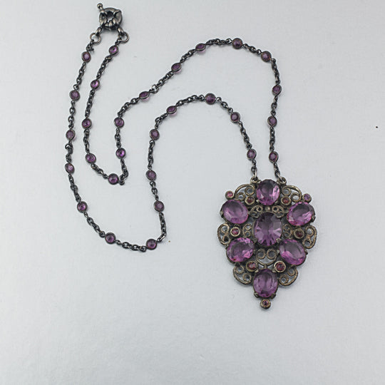 Edwardian Amethyst glass with fancy pendant necklace. nled504