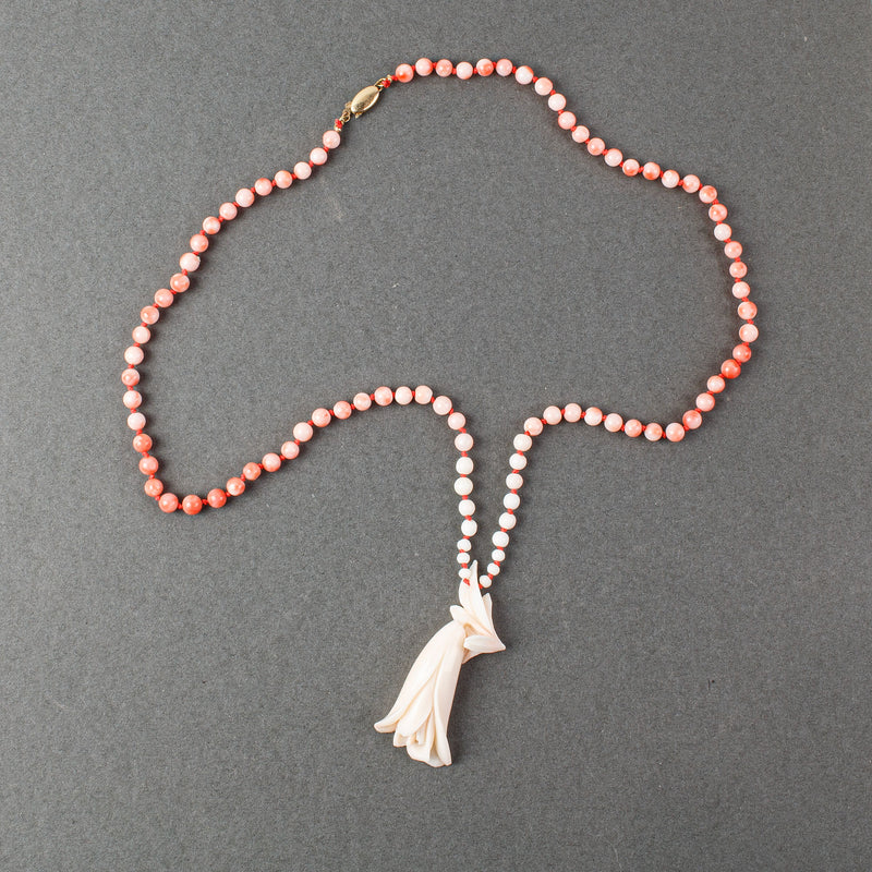 Angelskin coral carved Flower pendant and coral bead necklace. nlfn121