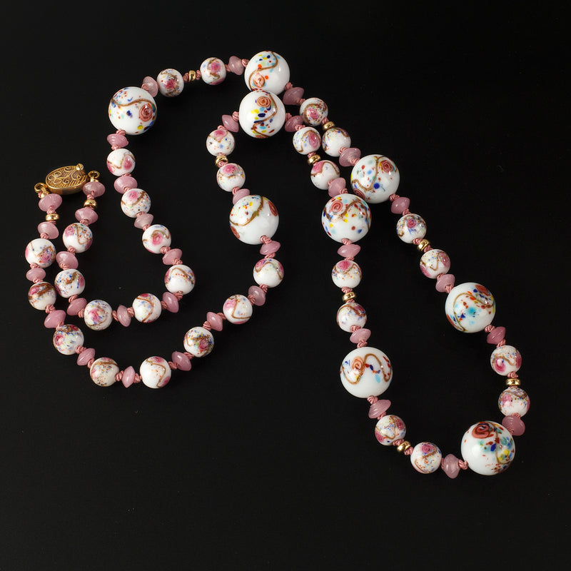 Necklace of Japanese glass beads with aventurina swirls. 28" long.  j-NLBD2192