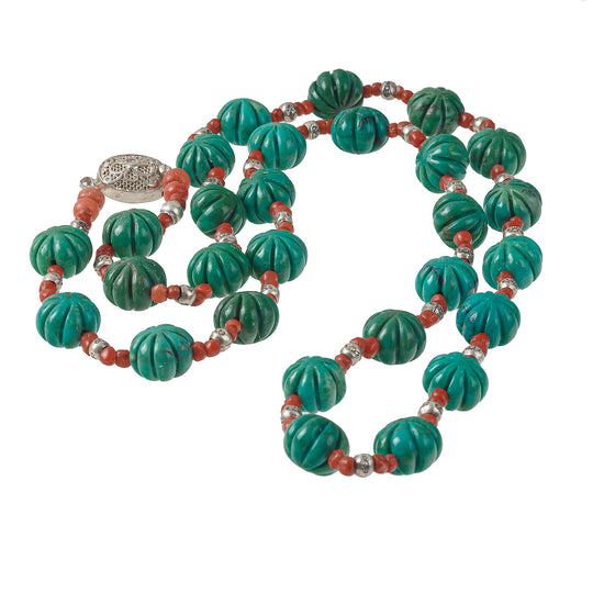 Carved Chrysocolla, Mediterranean Coral and Silver, 24" Necklace. nlgm001