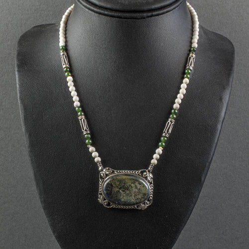 Vintage Jasper and sterling silver pendant necklace with bone and nephrite jade bead