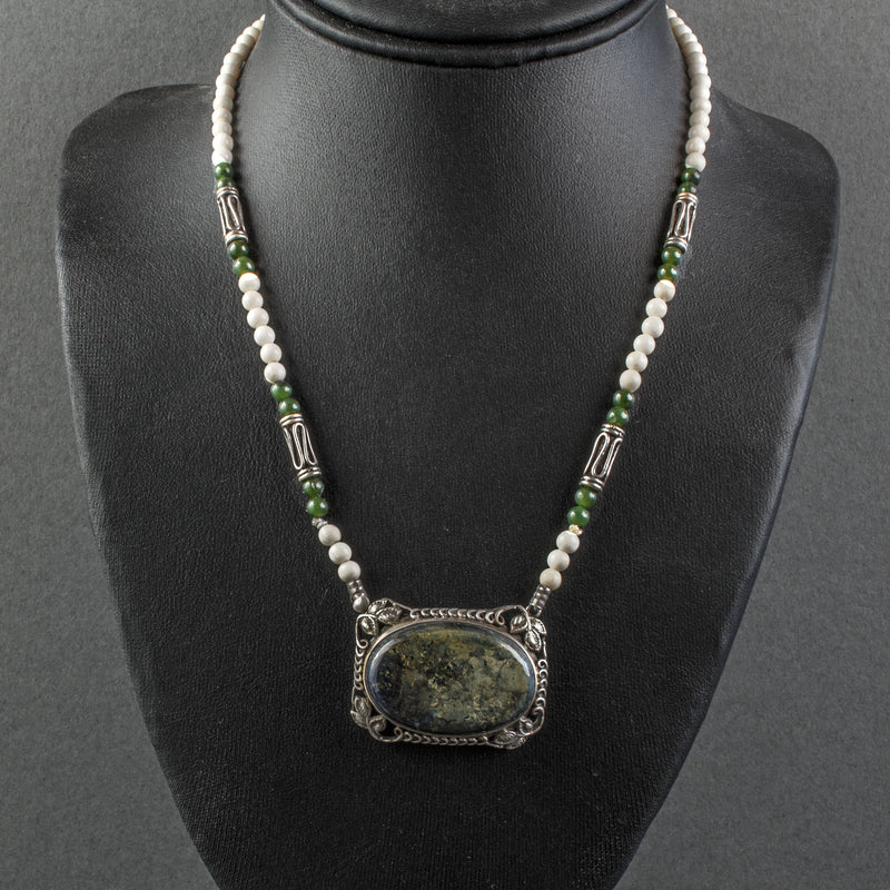 Vintage Jasper and sterling silver pendant necklace with bone and nephrite jade bead