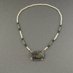 Vintage Jasper and sterling silver pendant necklace with bone and nephrite jade bead