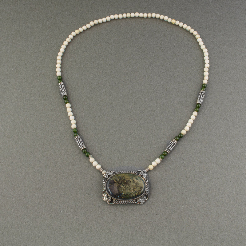 Vintage Jasper and sterling silver pendant necklace with bone and nephrite jade bead