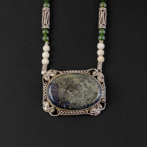 Vintage Jasper and sterling silver pendant necklace with bone and nephrite jade bead