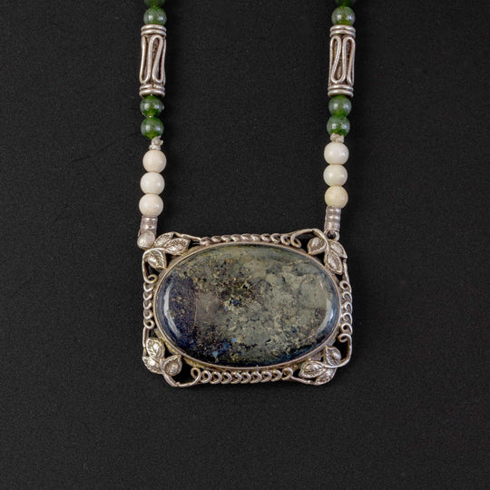 Vintage Jasper and sterling silver pendant necklace with bone and nephrite jade beads.  16.5". nlgm003