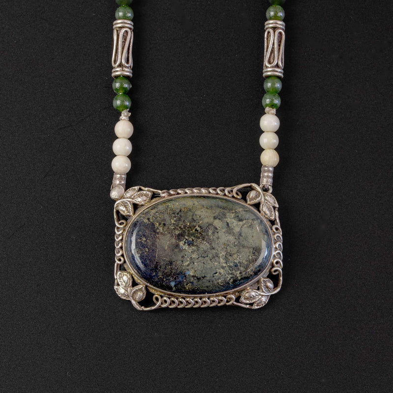 Vintage Jasper and sterling silver pendant necklace with bone and nephrite jade bead