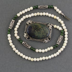 Vintage Jasper and sterling silver pendant necklace with bone and nephrite jade beads.  16.5". nlgm003