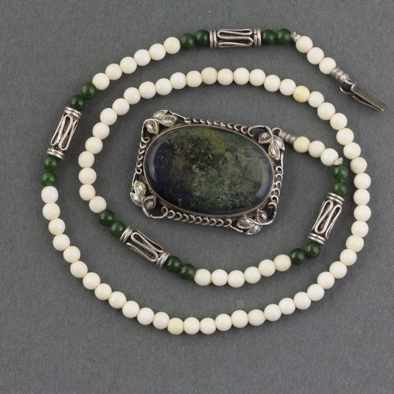 Vintage Jasper and sterling silver pendant necklace with bone and nephrite jade beads.  16.5". nlgm003