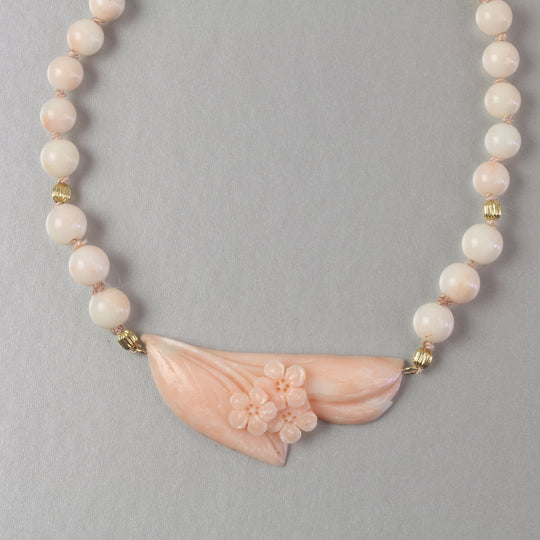 Angelskin coral carved floral pendant with coral and gold vermeil beaded necklace. nlja918