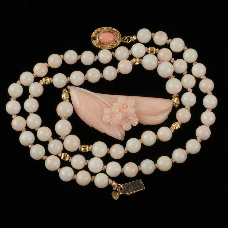 Angelskin coral carved floral pendant with coral and gold vermeil beaded necklace. nlja918