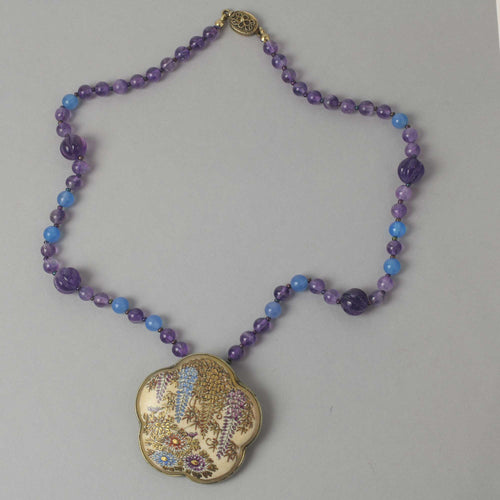Antique Japanese Satsuma hand painted ceramic pendant necklace with Amethyst and blue Chalcedony beads.  nlor851