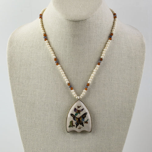 Antique Japanese Satsuma  pendant necklace with bone and gemstone beads.  nlor850