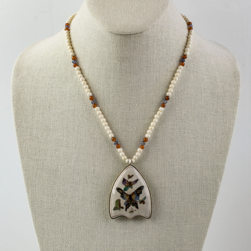Antique Japanese Satsuma  pendant necklace with bone and gemstone beads.  nlor850